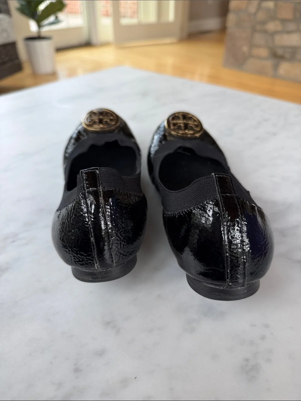 Tory Burch Black Patent Leather Logo Ballet Flats with Gold Emblem